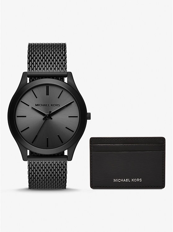 Подарочный набор больших тонких черных часов и футляра для карточек Runway Michael Kors