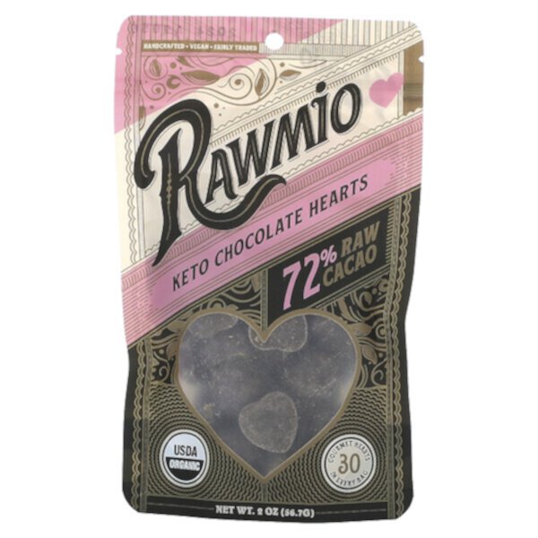 Keto Chocolate Hearts, 72% сырого какао, 2 унции (56,7 г) Rawmio