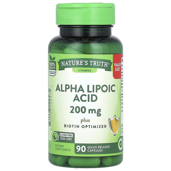 Альфа-липоевая кислота, 200 мг, 90 капсул быстрого высвобождения Nature's Truth