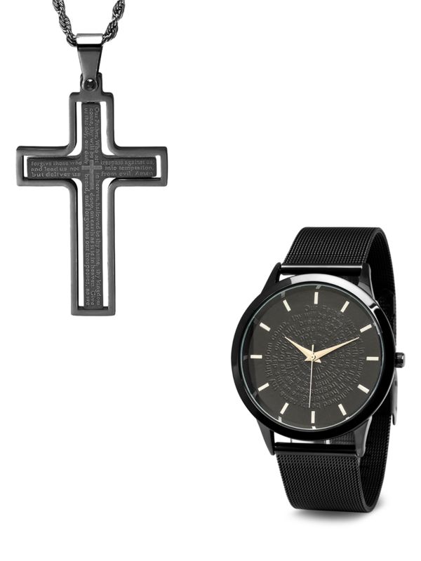 Набор из 2 предметов из нержавеющей стали с сетчатым браслетом диаметром 43 мм и ожерельем с подвеской в форме креста Anthony Jacobs