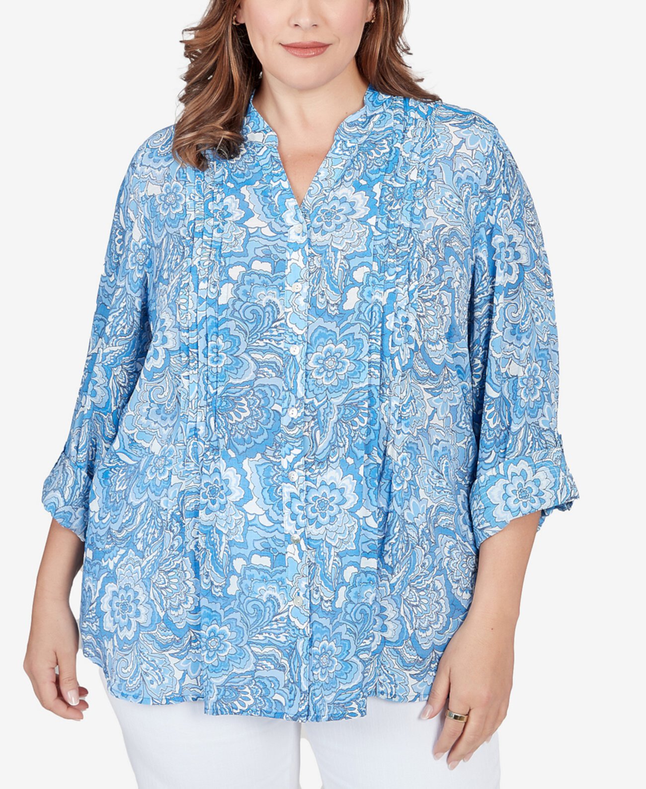 Рубашка из шелковистого газа с цветочным принтом на пуговицах больших размеров спереди Ruby Rd.