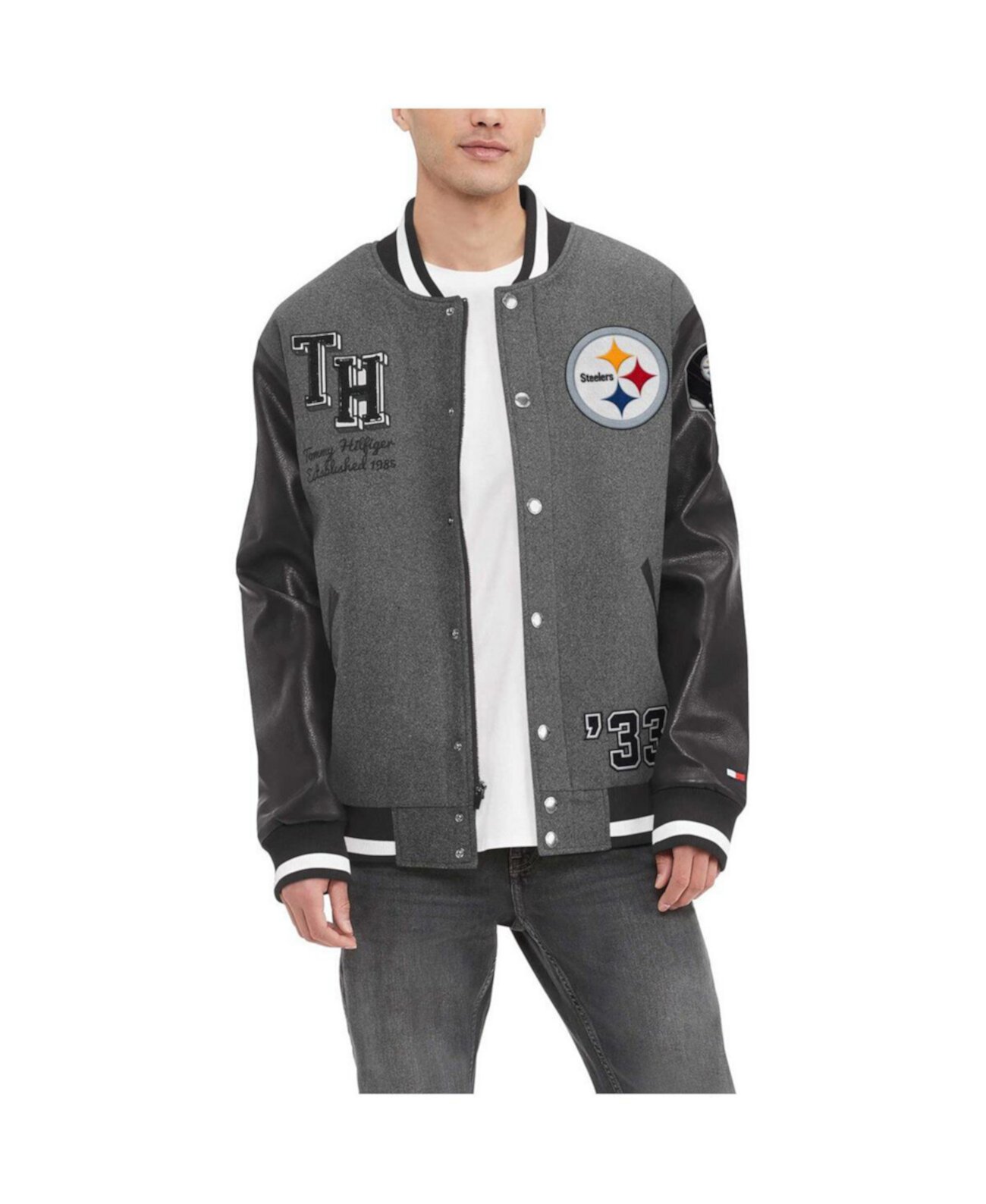 Мужская университетская куртка с молнией во всю молнию Pittsburgh Steelers Gunner серо-серого цвета, черная Tommy Hilfiger
