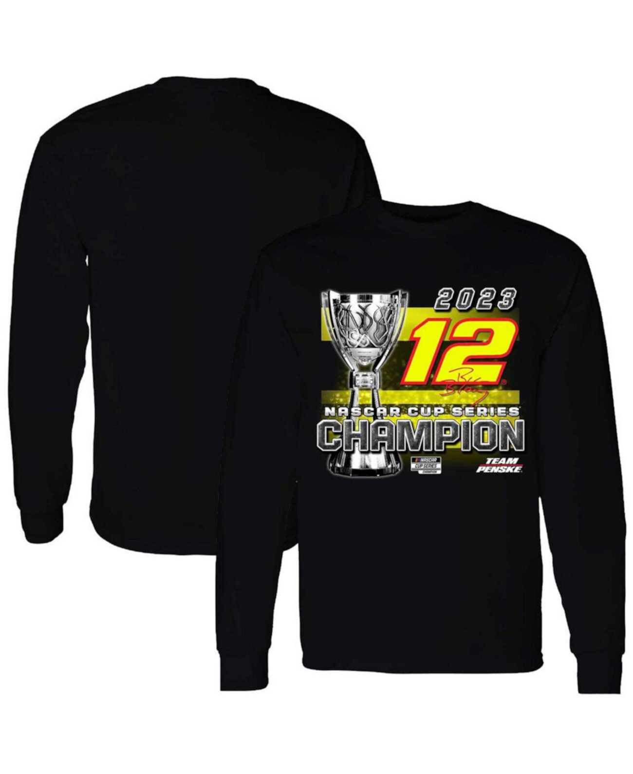 Мужская черная футболка с длинным рукавом Ryan Blaney 2023 NASCAR Cup Series Champion Trophy Team Penske