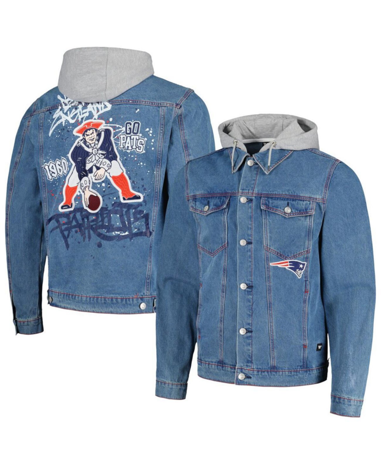 Мужская джинсовая куртка на пуговицах с капюшоном New England Patriots The Wild Collective