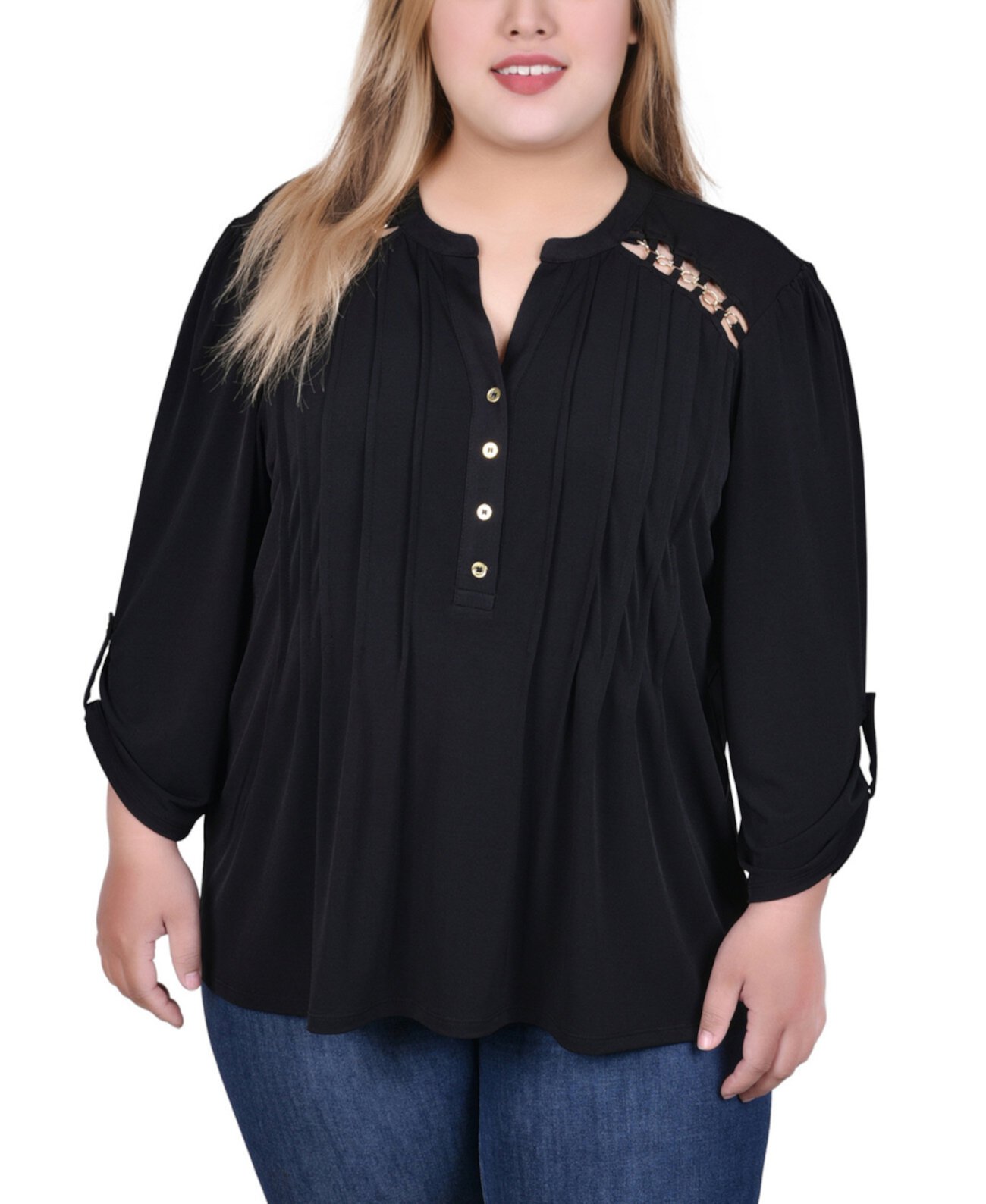 Женская Блузка NY Collection Plus Size Long Sleeve Pintuck Front Top with Chain Details NY Collection