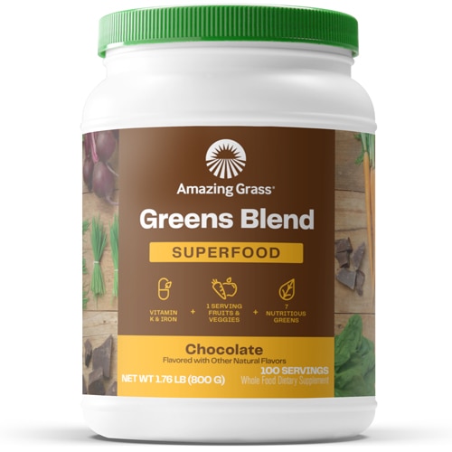 Порошок суперфуда Greens Blend шоколадный - 100 порций, без глютена, без добавленного сахара Amazing Grass