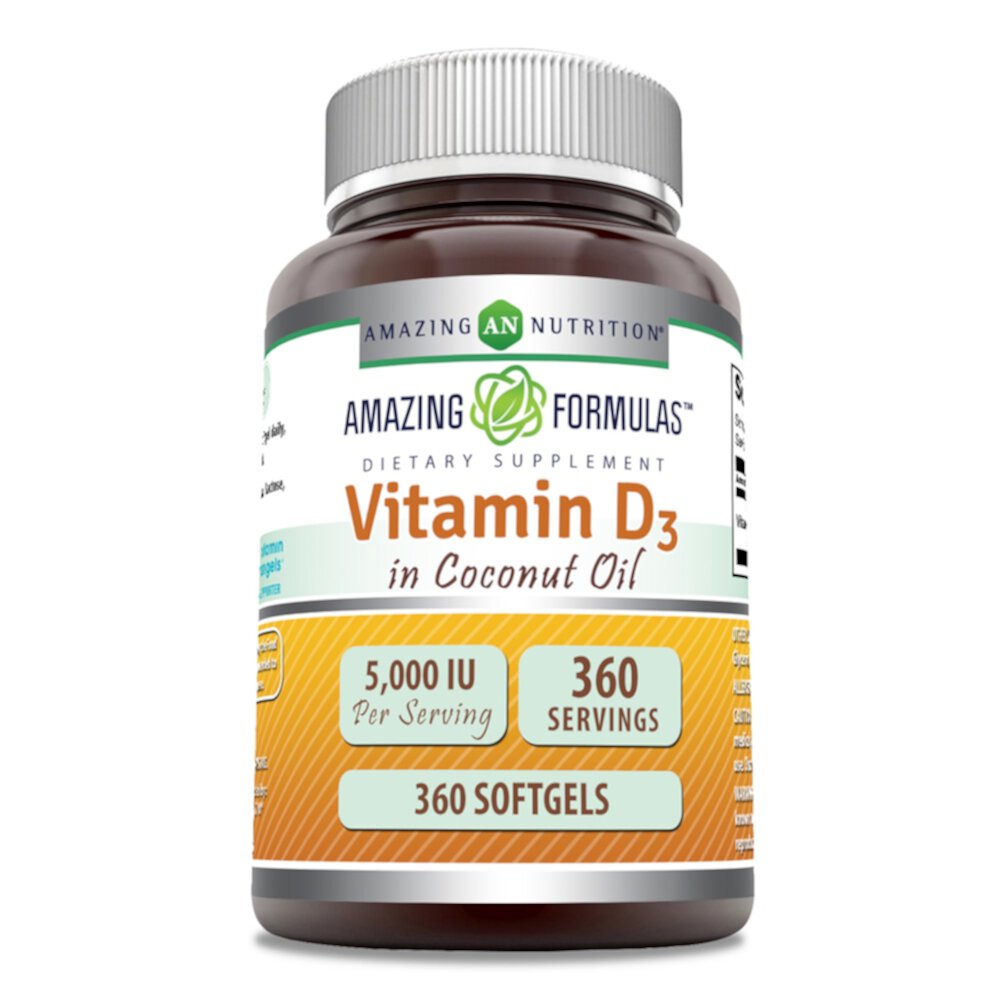 Vitamin D3 with Organic Coconut Oil -- 5000 IU - 360 Softgels (Мягкие капсулы) Amazing Nutrition