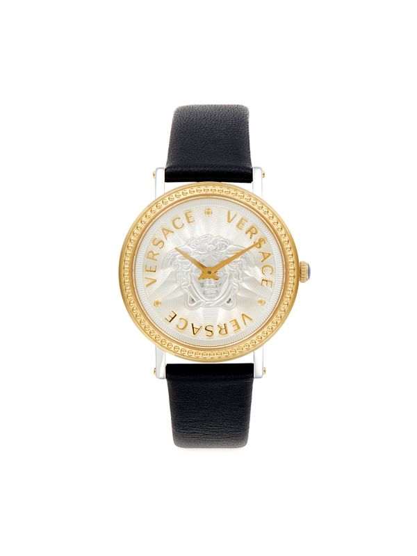 Часы 37 мм с золотистым ремешком из нержавеющей стали и кожи Versace