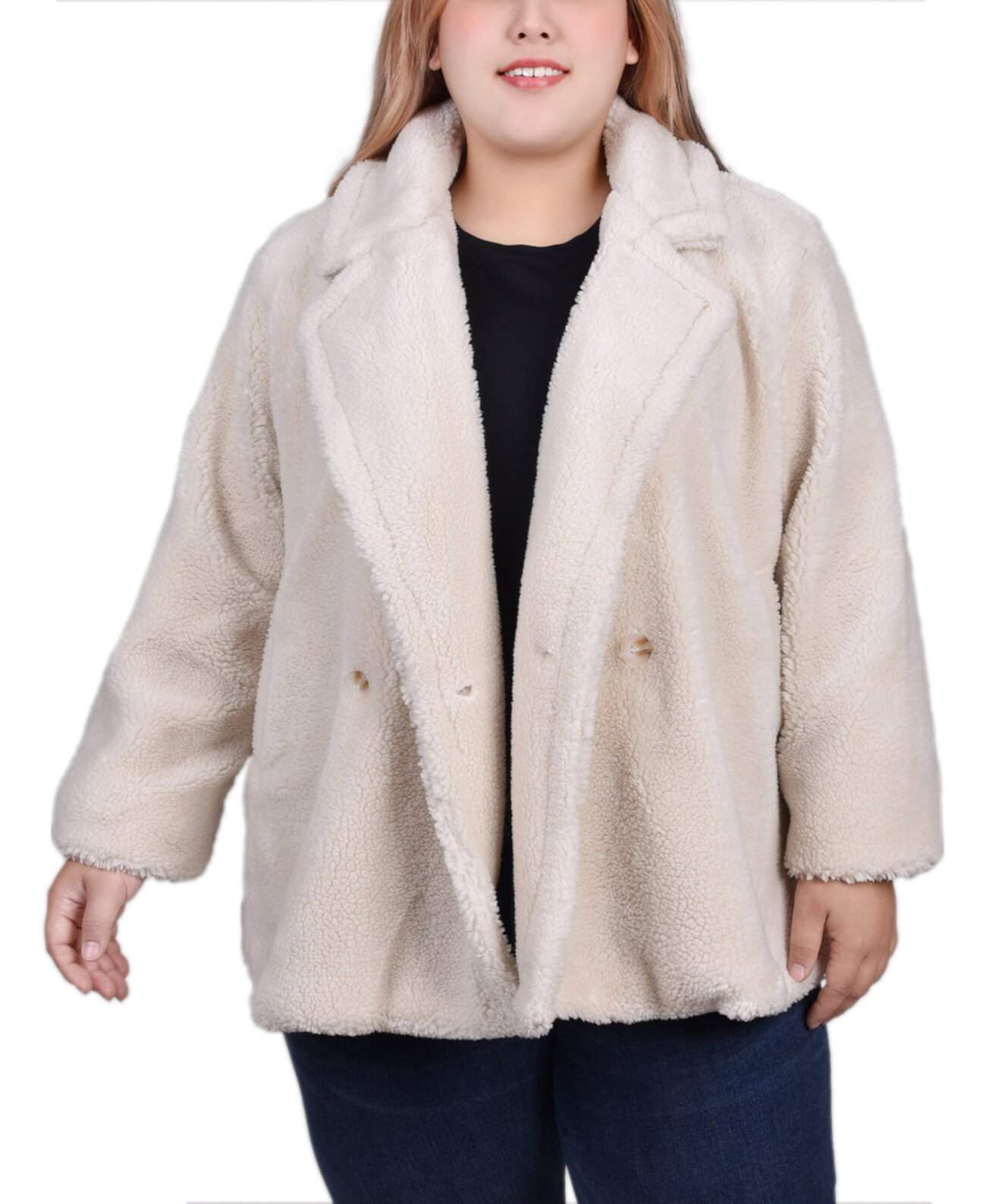 Двубортная куртка из шерпы больших размеров с длинными рукавами NY Collection