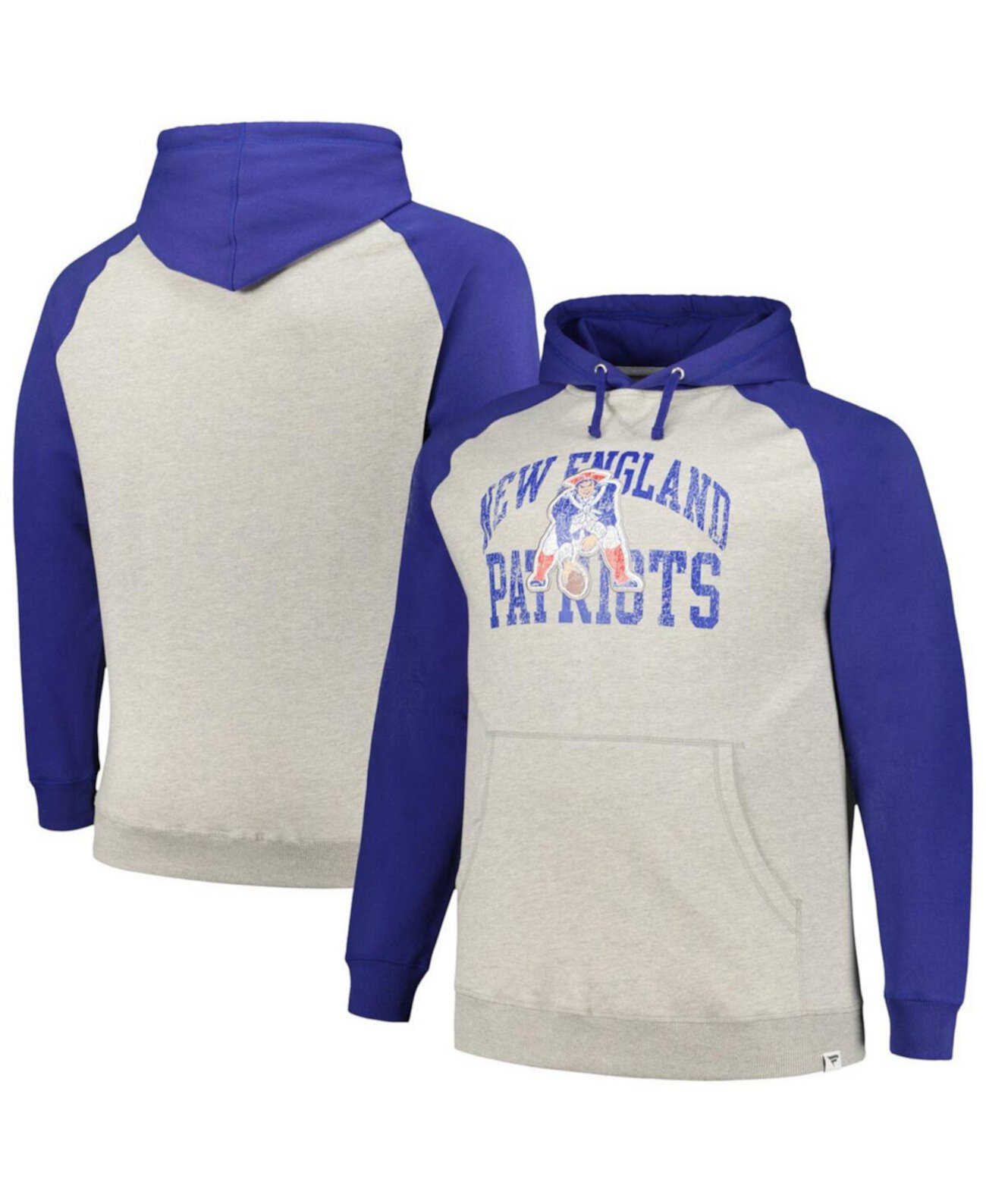 Мужская толстовка с капюшоном цвета Хизер Серый, Royal Distressed New England Patriots Big and Tall Favorite Arch Throwback реглан Profile