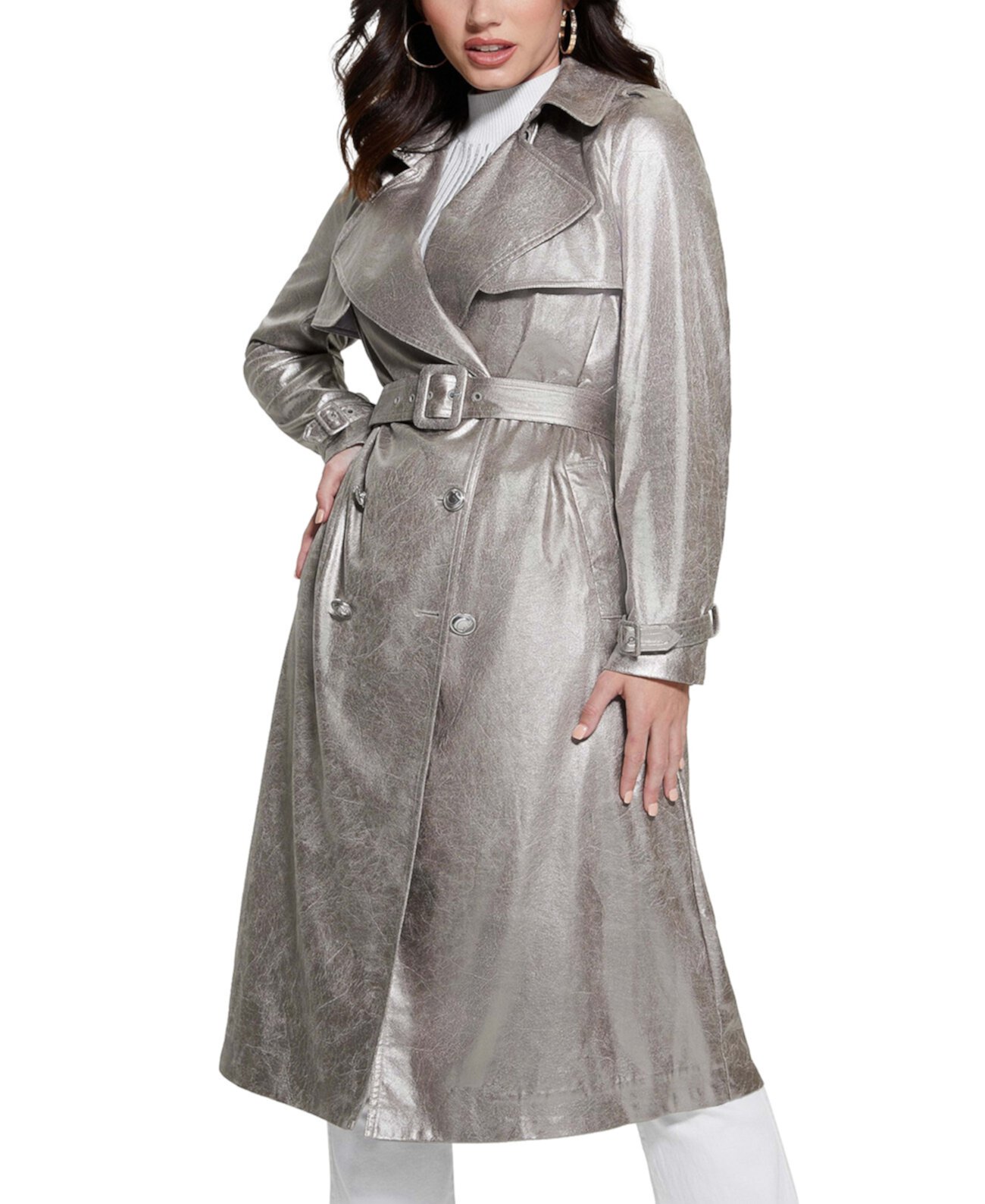 Женское Пальто GUESS Adele Двубортное Пальто с Поясом и Металлическим Оттенком GUESS