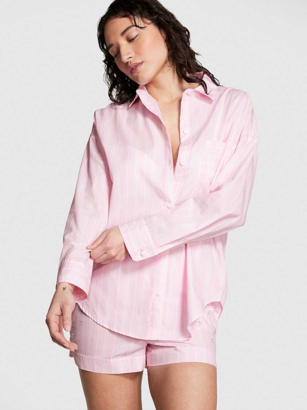 Рубашка для сна на пуговицах оверсайз из хлопкового поплина Pink