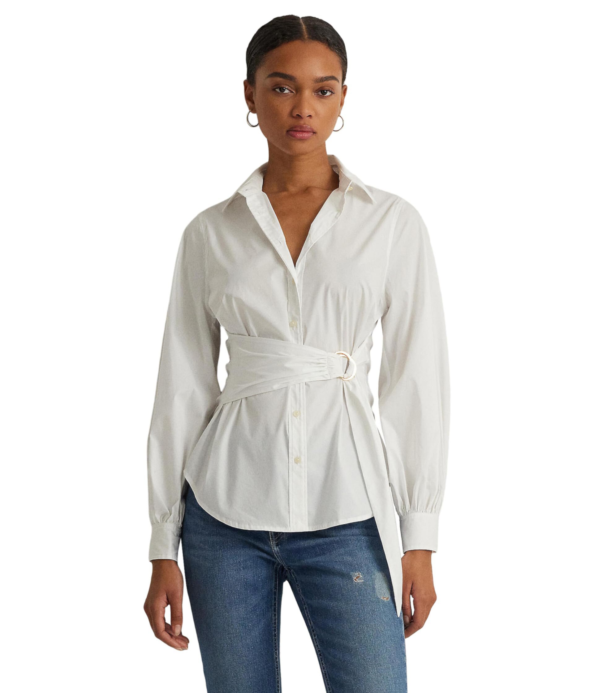 Рубашка из смесового хлопка Petite с завязкой спереди LAUREN Ralph Lauren