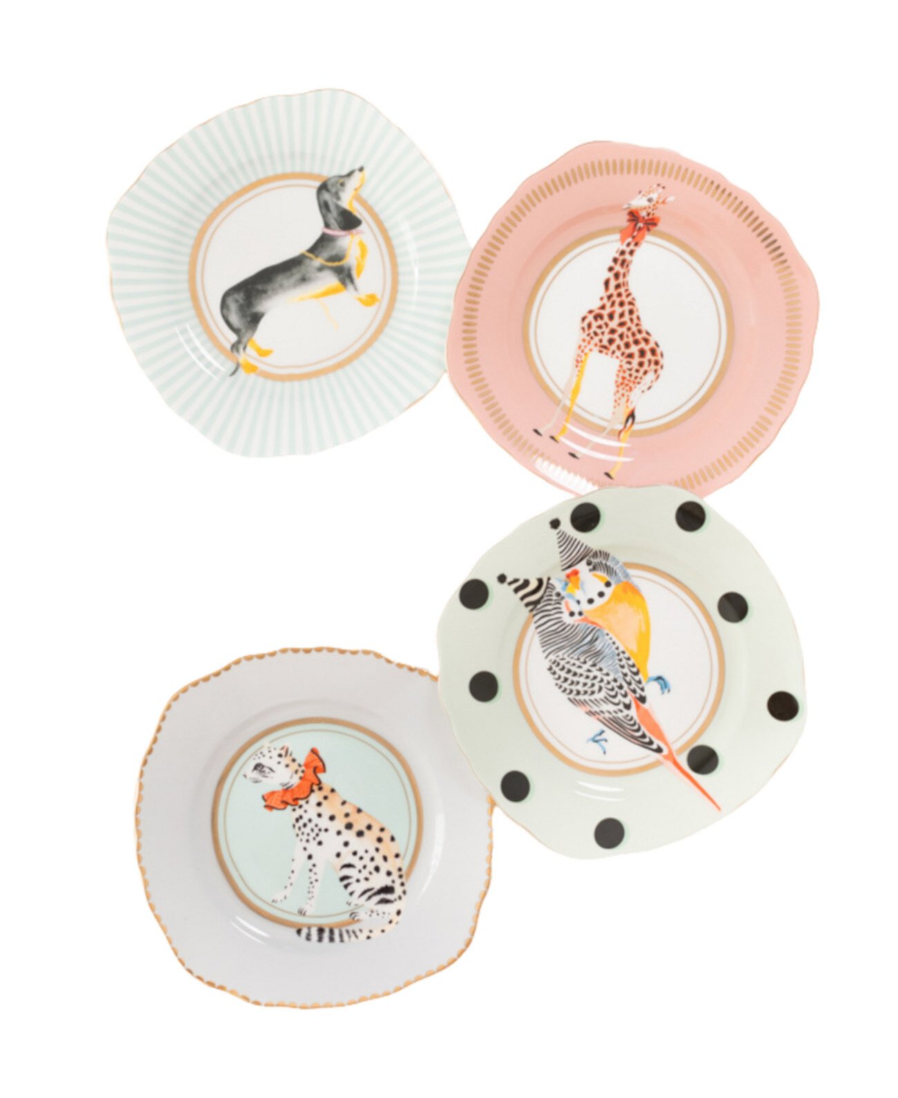 Чайные тарелки с изображением жирафа, леопарда, собаки и птиц, набор из 4 шт. Yvonne Ellen