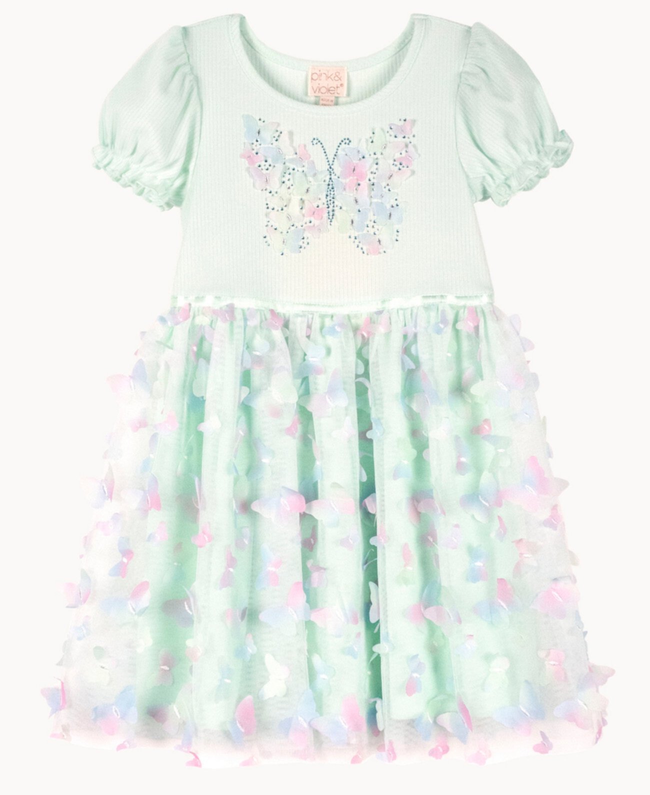 Однотонный лиф в рубчик с объемными рукавами для маленьких девочек, платье с блестящей ширмой и объемной юбкой-бабочкой Pink & Violet