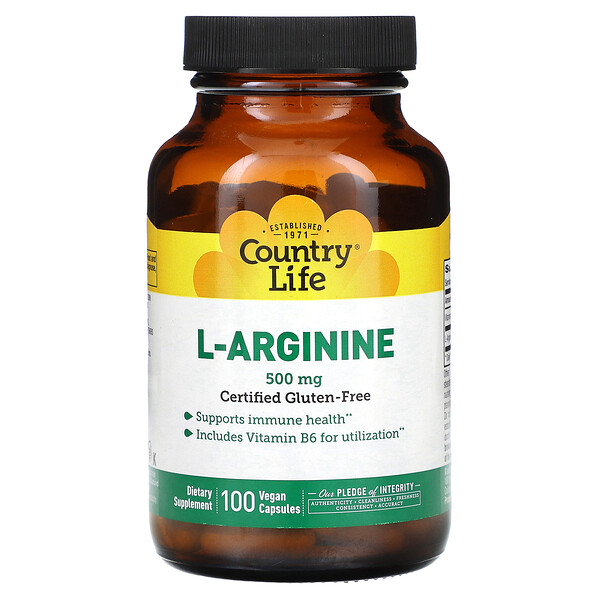 L-аргинин, 500 мг, 100 веганских капсул Country Life