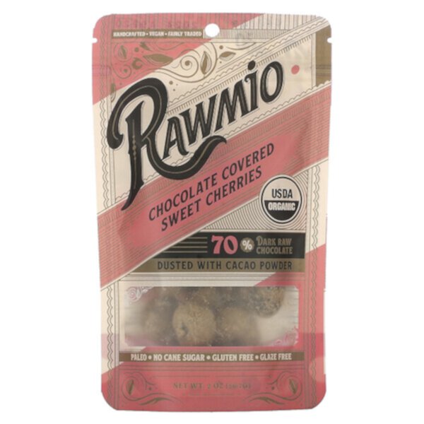 Chocolate Covered Sweet Cherries, 70% Dark Raw Chocolate, 2 oz (56.7 g) Rawmio