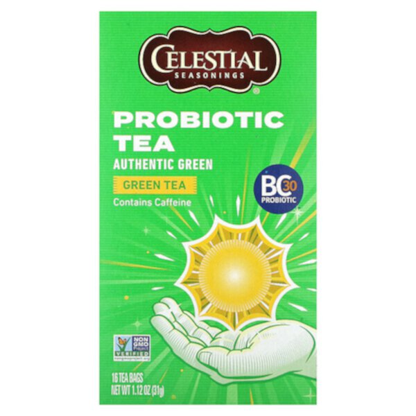 Пробиотический зеленый чай, настоящий зеленый чай, 16 чайных пакетиков, 1,12 унции (31 г) Celestial Seasonings