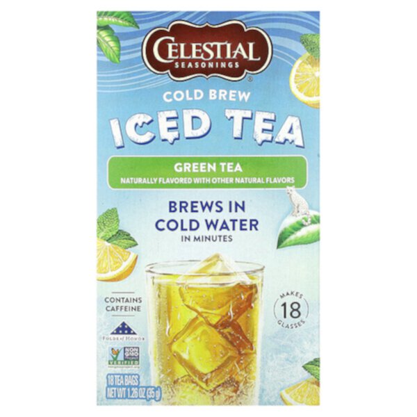 Холодный чай Cold Brew, зеленый чай, 18 чайных пакетиков, 1,26 унции (35 г) Celestial Seasonings