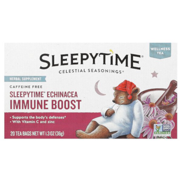 Чай Sleepytime для повышения иммунитета с эхинацеей, без кофеина, 20 пакетиков, 36 г, без ГМО и глютена Celestial Seasonings