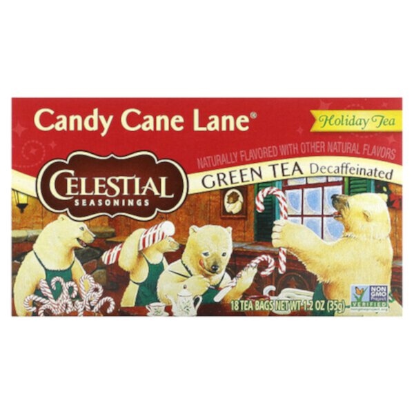 Holiday Green Tea, Candy Cane Lane, без кофеина, 18 чайных пакетиков, 1,2 унции (35 г) Celestial Seasonings