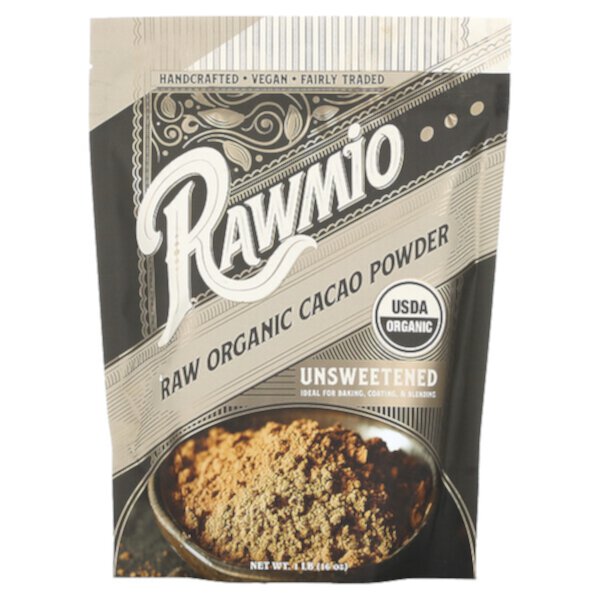 Сырой органический какао-порошок, несладкий, 1 фунт (16 унций) Rawmio