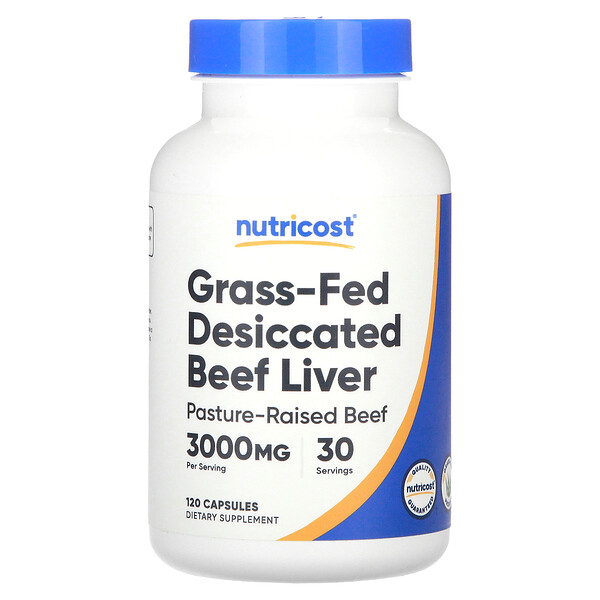 Сушеная говяжья печень травяного откорма, 3000 мг, 120 капсул (750 мг на капсулу) Nutricost