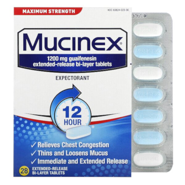 Отхаркивающее средство, максимальная сила, 28 двухслойных таблеток пролонгированного действия Mucinex