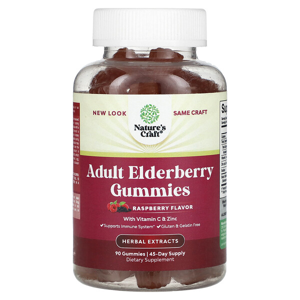 Adult Elderberry Gummies (Жевательные конфеты) with Vitamin C & Zinc, Raspberry, 90 Gummies Nature's Craft