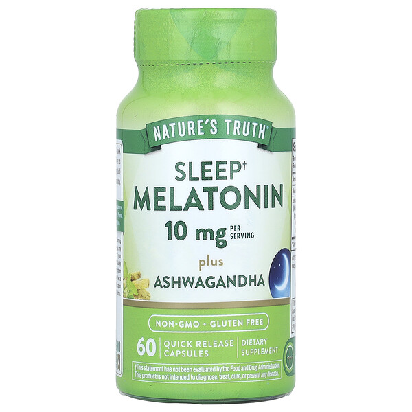 Sleep Melatonin Plus Ashwagandha, 10 мг, 60 капсул быстрого высвобождения (5 мг на капсулу) Nature's Truth