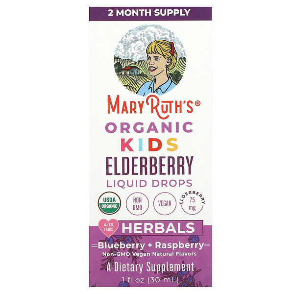 Organic Kids Elderberry Liquid Drops (Жидкие капли), 4-13 Years, Blueberry + Raspberry, 1 fl oz (Жидкие унции) (30 ml) MaryRuth's