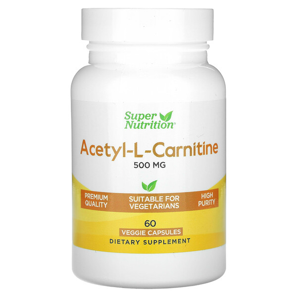 Ацетил-L-карнитин, 500 мг, 60 растительных капсул Super Nutrition
