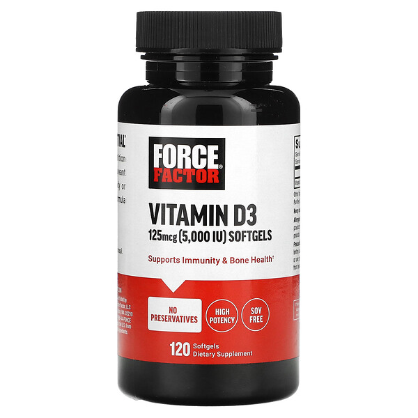 Витамин D3 - 125 мкг (5000 МЕ) - 120 мягких капсул - Force Factor Force Factor