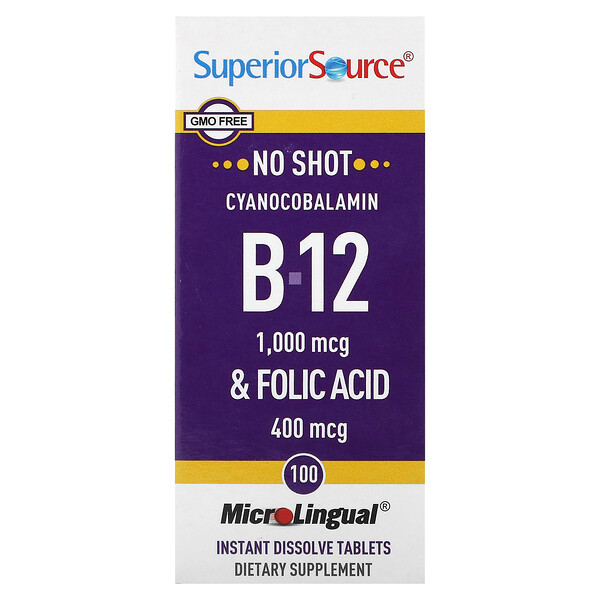 Цианокобаламин B-12 и фолиевая кислота, 100 мгновенно растворяющихся таблеток MicroLingual Superior Source