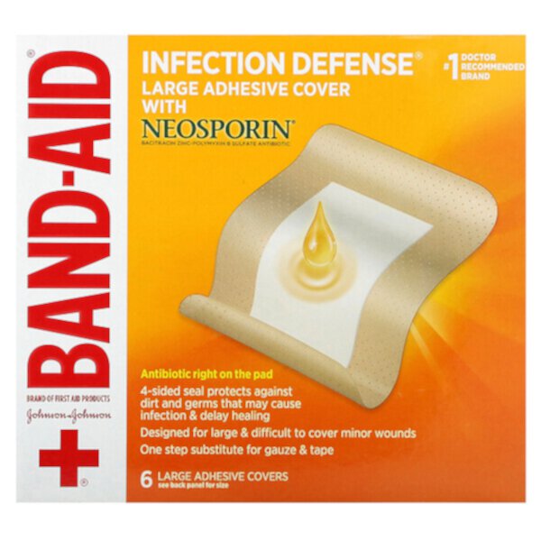 Лейкопластыри, защита от инфекций с неоспорином, большие, 6 лейкопластырей Band Aid
