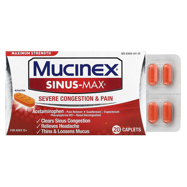 Sinus-Max, Сильная заложенность носа и боль, максимальная сила, для детей от 12 лет, 20 капсул Mucinex