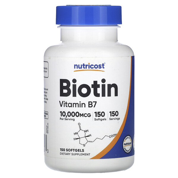 Биотин, витамин B7, 10 000 мкг, 150 мягких таблеток Nutricost