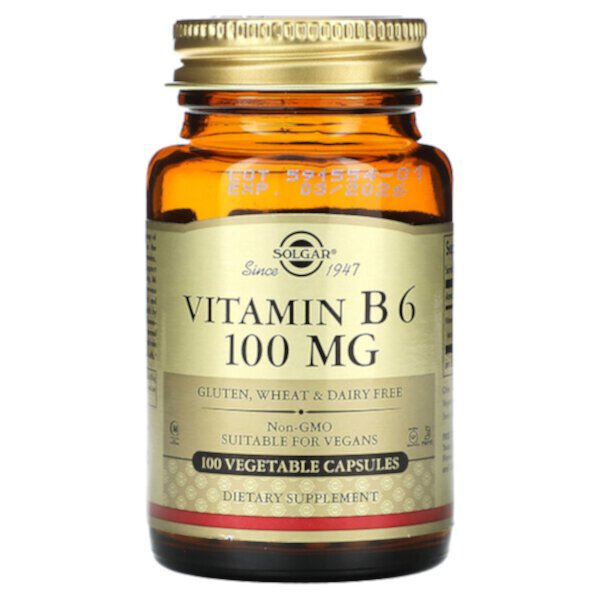 Витамин B6, 100 мг, 100 растительных капсул Solgar