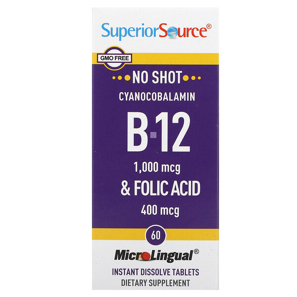 Цианокобаламин B-12 и фолиевая кислота, 60 мгновенно растворяющихся таблеток MicroLingual Superior Source