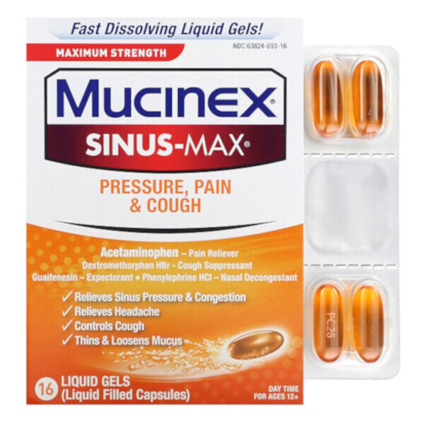 Sinus-Max, Давление, боль и кашель, максимальная сила, для детей от 12 лет, 16 жидких гелей Mucinex