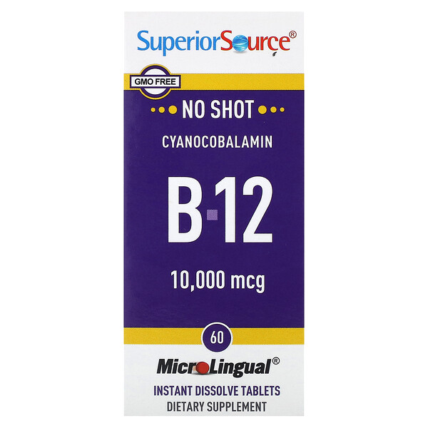 Цианокобаламин B-12, 10 000 мкг, 60 мгновенно растворяющихся таблеток MicroLingual Superior Source