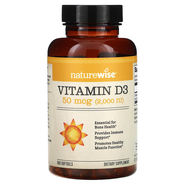 Витамин D3 - 50 мкг (2000 МЕ) - 360 мягких капсул - NatureWise NatureWise