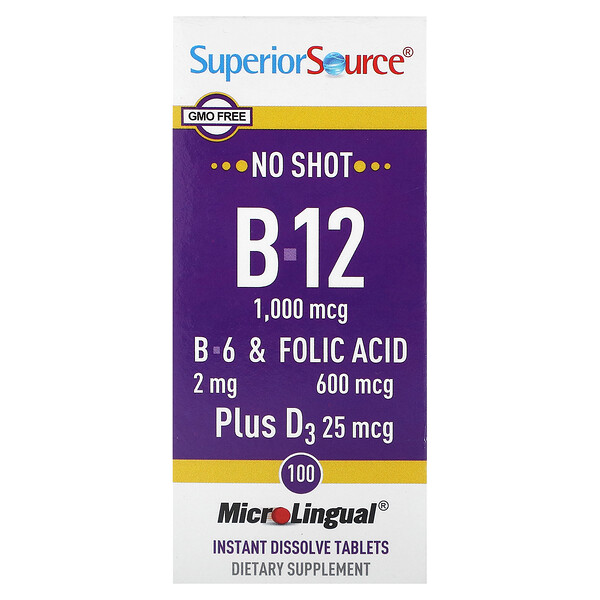 B-12, B-6, Фолиевая кислота и D3 - 1000 мкг, 2 мг, 600 мкг, 25 мкг - 100 таблеток микрорастворимых - Superior Source Superior Source