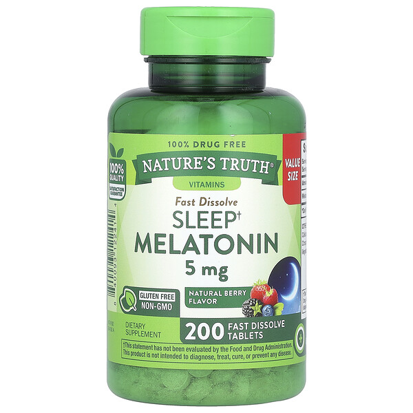 Мелатонин для сна, Натуральная ягода, 5 мг, 200 быстрорастворимых таблеток Nature's Truth