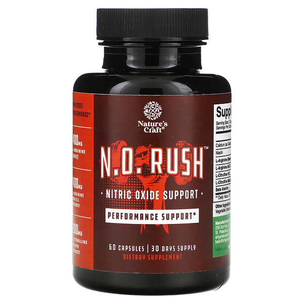 N.O. Rush - Поддержка азота в организме, 60 капсул, 400 мг L-аргинина Nature's Craft