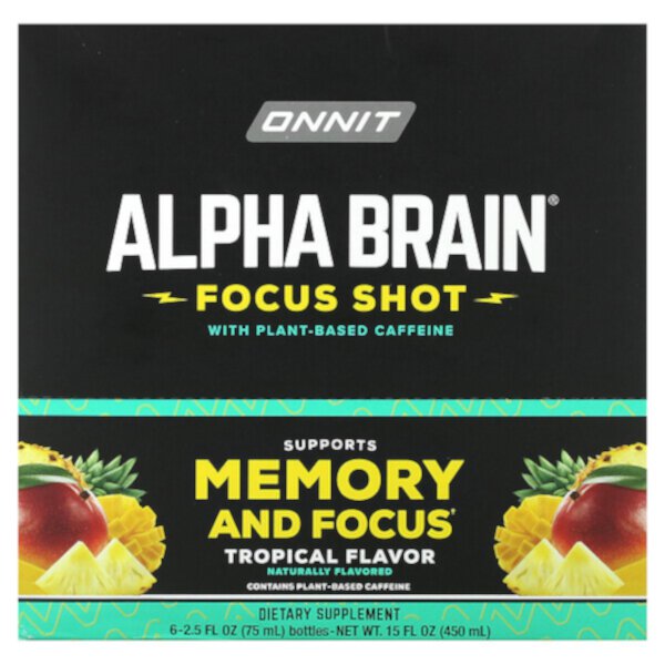Alpha Brain Focus Shot, тропический, 6 бутылочек по 2,5 жидких унции (75 мл) каждая Onnit