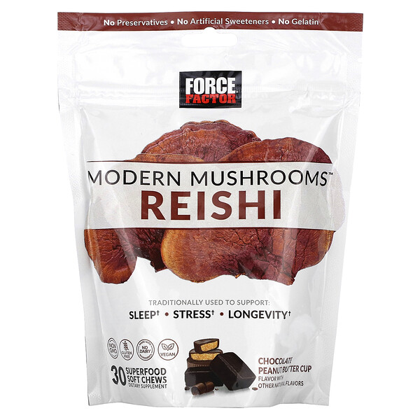 Modern Mushrooms, Рейши, чашка с шоколадно-арахисовым маслом, 30 мягких жевательных конфет из суперпродуктов Force Factor