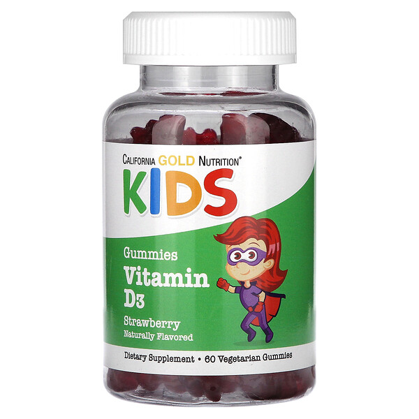 Витамин D3 для детей, без желатина, натуральная клубника, 60 вегетарианских жевательных конфет California Gold Nutrition