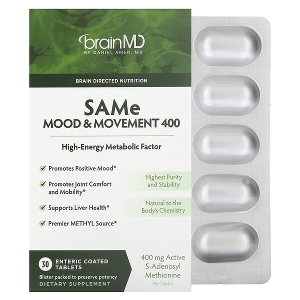 SAMe, Mood & Movement 400, 400 мг, 30 таблеток, покрытых кишечнорастворимой оболочкой BrainMD