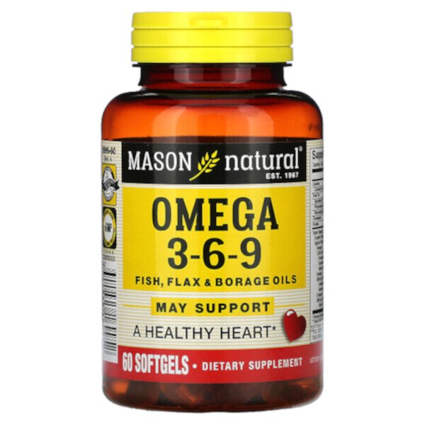 Омега 3-6-9, масла рыбы, льна и бурачника, 60 мягких таблеток Mason Natural